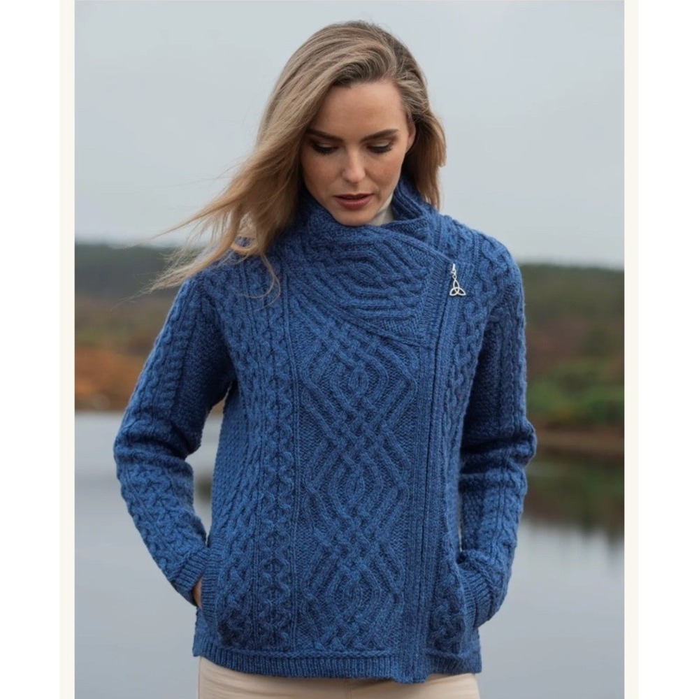 Aran Crafts 100% Merino Wool Cable Knit Side Zip Jacket Cardigan Women's S Blue